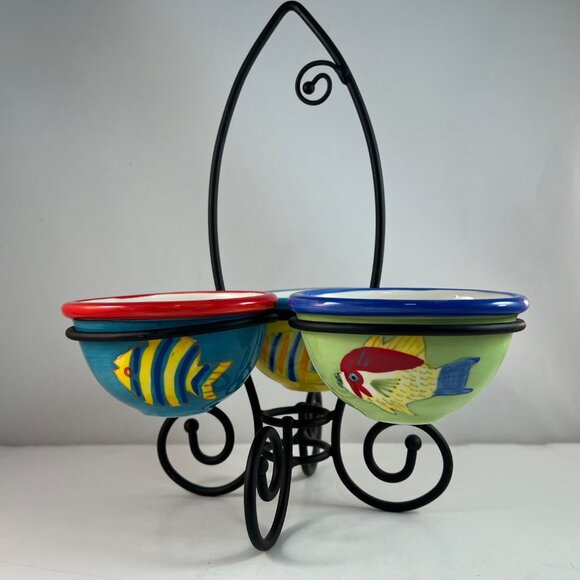 Fish Ceramic Condiment Sauce Holders Metal Fish Shaped Tidbit Caddy - Picture 13 of 16